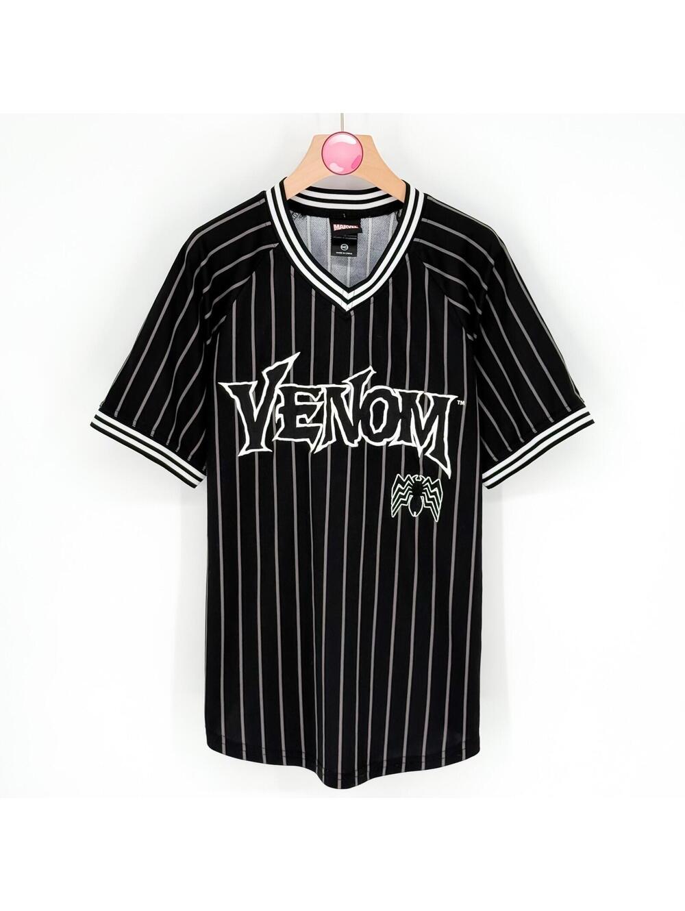 Marvel Venom Baseball Jersey Mens Medium Black Striped Graphic Shirt MLB Style